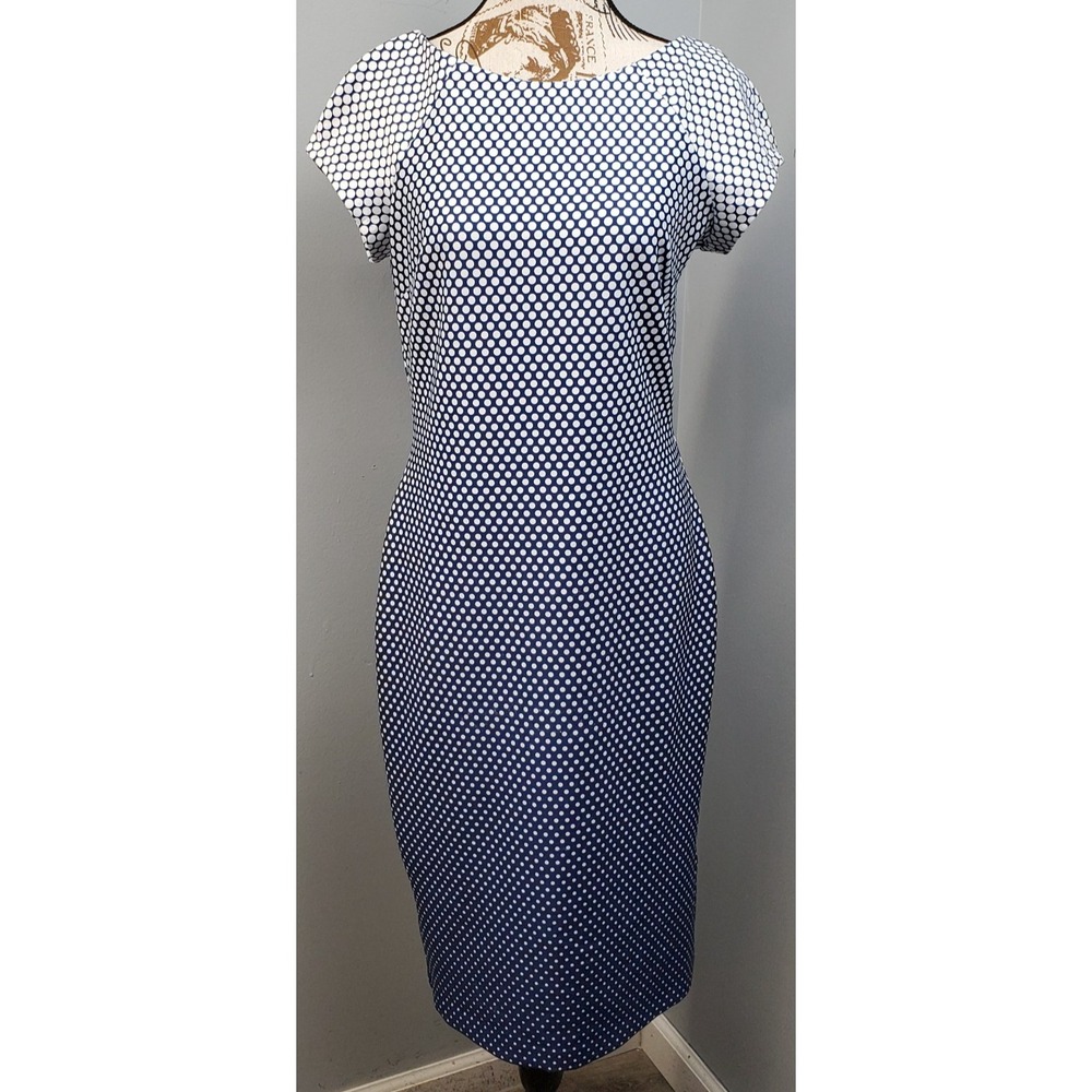 Beige by ECI Sheath Dress Womens 8 Blue White Polka Dot Short Sleeve Back Zip